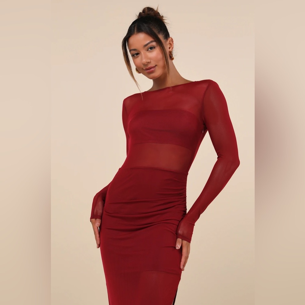 Alluring Silhouette Dark Red Sheer Mesh Backless Maxi Dress EUC